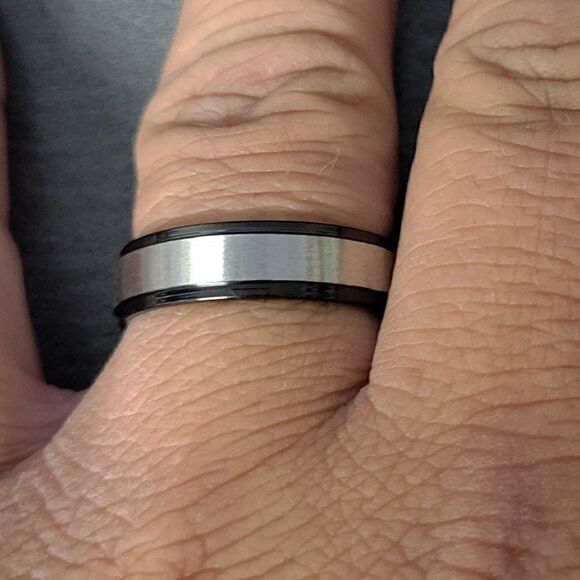 Men's Two Tone Silver and Black Wedding Band Step Edges  Sizes 5 - 13 Available - Picture 5 of 8